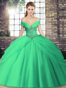 Top Selling Turquoise 15 Quinceanera Dress Military Ball and Sweet 16 and Quinceanera with Beading and Pick Ups Off The Shoulder Sleeveless Brush Train Lace Up