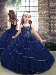 Navy Blue Little Girls Pageant Dress Wholesale Party and Military Ball and Wedding Party with Beading Straps Sleeveless Lace Up