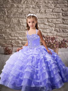 Lavender Ball Gowns Organza Straps Sleeveless Ruffled Layers Floor Length Lace Up Little Girl Pageant Gowns