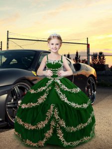 Dark Green Ball Gowns Embroidery Glitz Pageant Dress Lace Up Satin Sleeveless Floor Length