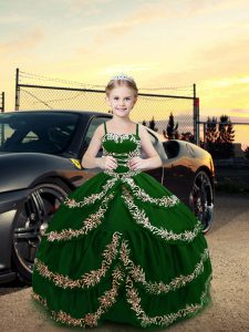 Dark Green Ball Gowns Embroidery Glitz Pageant Dress Lace Up Satin Sleeveless Floor Length