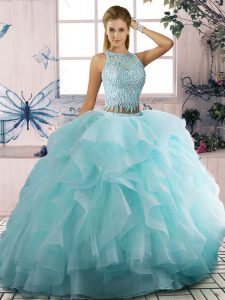 Aqua Blue Zipper 15th Birthday Dress Beading and Ruffles Sleeveless Floor Length