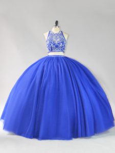 Vintage Royal Blue Backless Sweet 16 Dress Beading Sleeveless Floor Length