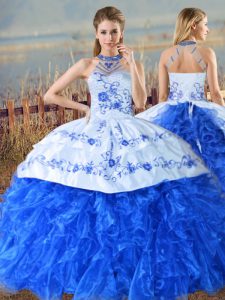 Wonderful Royal Blue Lace Up Halter Top Embroidery and Ruffles Vestidos de Quinceanera Organza Sleeveless Court Train