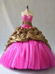 Comfortable Lace Up Quinceanera Dresses Hot Pink for Sweet 16 and Quinceanera with Beading and Pick Ups Brush Train