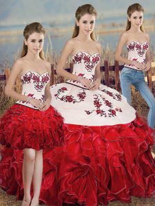 Embroidery and Ruffles and Bowknot Ball Gown Prom Dress White And Red Lace Up Sleeveless Floor Length