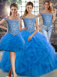 Blue Off The Shoulder Lace Up Beading and Ruffles Sweet 16 Quinceanera Dress Brush Train Sleeveless