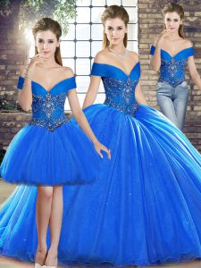 Super Organza Off The Shoulder Sleeveless Brush Train Lace Up Beading Quinceanera Gown in Royal Blue