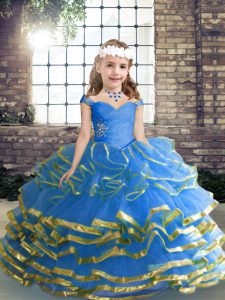 Lovely Floor Length Ball Gowns Sleeveless Blue Little Girls Pageant Gowns Lace Up