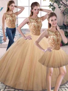 Modest Gold Tulle Lace Up Quinceanera Gowns Sleeveless Floor Length Beading