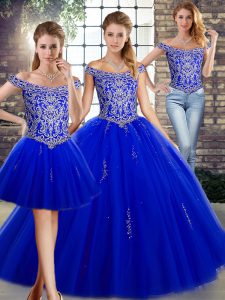Royal Blue Three Pieces Off The Shoulder Sleeveless Tulle Floor Length Lace Up Beading Quinceanera Dress