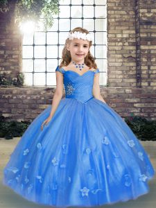 Perfect Blue Sleeveless Floor Length Beading and Hand Made Flower Lace Up Child Pageant Dress