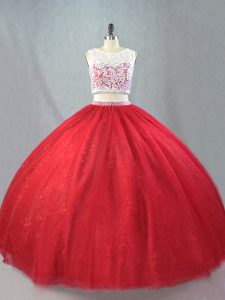Low Price Red Sleeveless Beading and Appliques Floor Length Quinceanera Dresses