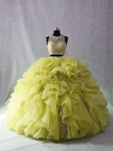 Romantic Yellow Green Organza and Sequined Zipper Scoop Sleeveless Sweet 16 Quinceanera Dress Brush Train Beading and Ruffles