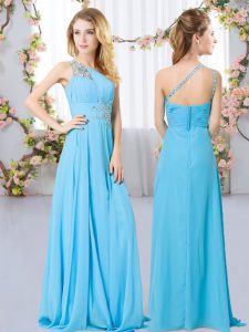 Captivating Aqua Blue Empire Chiffon One Shoulder Sleeveless Beading Floor Length Zipper Quinceanera Court Dresses
