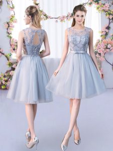 Sweet Knee Length Grey Quinceanera Court Dresses Tulle Sleeveless Lace and Belt