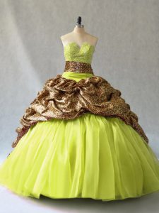 Cute Yellow Green Sleeveless Brush Train Beading Quinceanera Gown