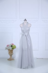 Enchanting Empire Quinceanera Dama Dress Grey Halter Top Tulle Sleeveless Floor Length Zipper