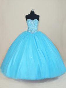 Modern Floor Length Lace Up Quince Ball Gowns Aqua Blue for Sweet 16 and Quinceanera with Beading