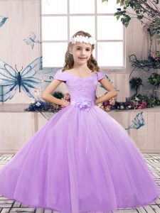 High Class Floor Length Lace Up Child Pageant Dress Lavender for Prom and Party and Wedding Party with Belt