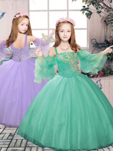 Stunning Straps Sleeveless Kids Pageant Dress Floor Length Beading and Appliques Turquoise Tulle