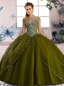 Great Olive Green 15th Birthday Dress Sweet 16 and Quinceanera with Beading Sweetheart Cap Sleeves Brush Train Lace Up
