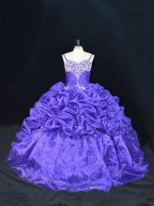 Dramatic Sleeveless Beading and Pick Ups Lace Up Vestidos de Quinceanera with Purple Brush Train