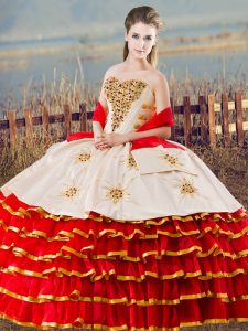 White And Red Lace Up Quinceanera Dresses Beading and Ruffled Layers Sleeveless Floor Length