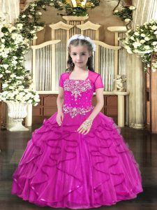 Floor Length Lace Up Little Girl Pageant Dress Fuchsia for Party with Beading