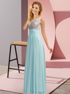 Super Empire Court Dresses for Sweet 16 Aqua Blue Scoop Chiffon Sleeveless Floor Length Side Zipper