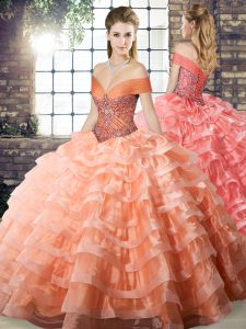 Beading and Ruffled Layers Quinceanera Dress Peach Lace Up Sleeveless Brush Train