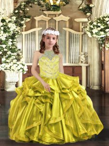 Unique Sleeveless Lace Up Little Girls Pageant Dress Yellow Green Organza