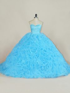Gorgeous Floor Length Baby Blue Quince Ball Gowns Organza Court Train Sleeveless Beading and Ruffles