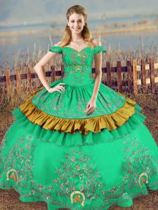 Luxurious Off The Shoulder Sleeveless Lace Up 15th Birthday Dress Green Satin