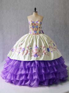 Exceptional Lavender Ball Gowns Organza Sweetheart Sleeveless Embroidery and Ruffled Layers Floor Length Lace Up Quinceanera Dress