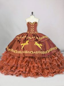 Sleeveless Satin and Organza Brush Train Lace Up Quinceanera Gown in Brown with Embroidery and Ruffled Layers