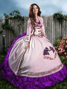 Sweetheart Sleeveless Satin Quinceanera Dress Embroidery and Ruffles Lace Up
