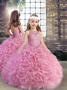 Customized Sleeveless Fabric With Rolling Flowers Floor Length Lace Up Child Pageant Dress in Pink with Beading