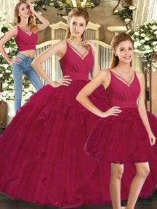 Red Lace Up V-neck Ruffles Quince Ball Gowns Tulle Sleeveless