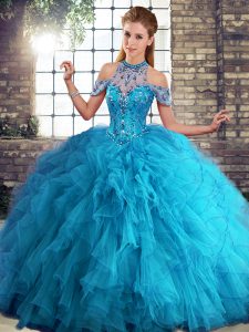 Vintage Blue Quinceanera Gowns Military Ball and Sweet 16 and Quinceanera with Beading and Ruffles Halter Top Sleeveless Lace Up