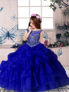 Organza Scoop Sleeveless Zipper Beading and Pick Ups Little Girls Pageant Dress Wholesale in Royal Blue