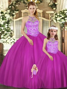Halter Top Sleeveless Quinceanera Gown Floor Length Beading Fuchsia Tulle
