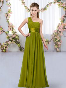 Olive Green Empire One Shoulder Sleeveless Chiffon Floor Length Lace Up Belt Quinceanera Court Dresses
