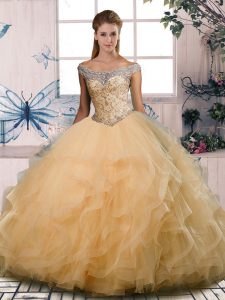 Glittering Gold Off The Shoulder Lace Up Beading and Ruffles Sweet 16 Dresses Sleeveless