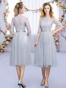 Lace and Belt Vestidos de Damas Grey Zipper Half Sleeves Tea Length