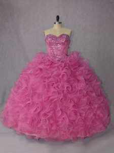 Affordable Sleeveless Brush Train Lace Up Beading and Ruffles Quince Ball Gowns
