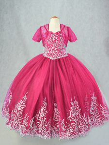 Hot Pink Spaghetti Straps Neckline Beading and Embroidery Little Girl Pageant Gowns Sleeveless Lace Up