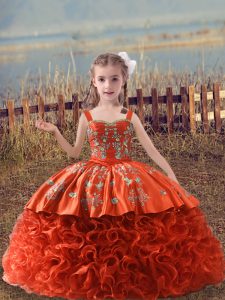 Orange Red Straps Lace Up Embroidery Girls Pageant Dresses Sweep Train Sleeveless