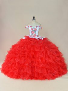 Beauteous Sleeveless Organza Brush Train Lace Up Quinceanera Gown in White And Red with Embroidery and Ruffles