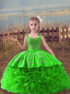 Fabric With Rolling Flowers Lace Up Straps Sleeveless Child Pageant Dress Sweep Train Embroidery
